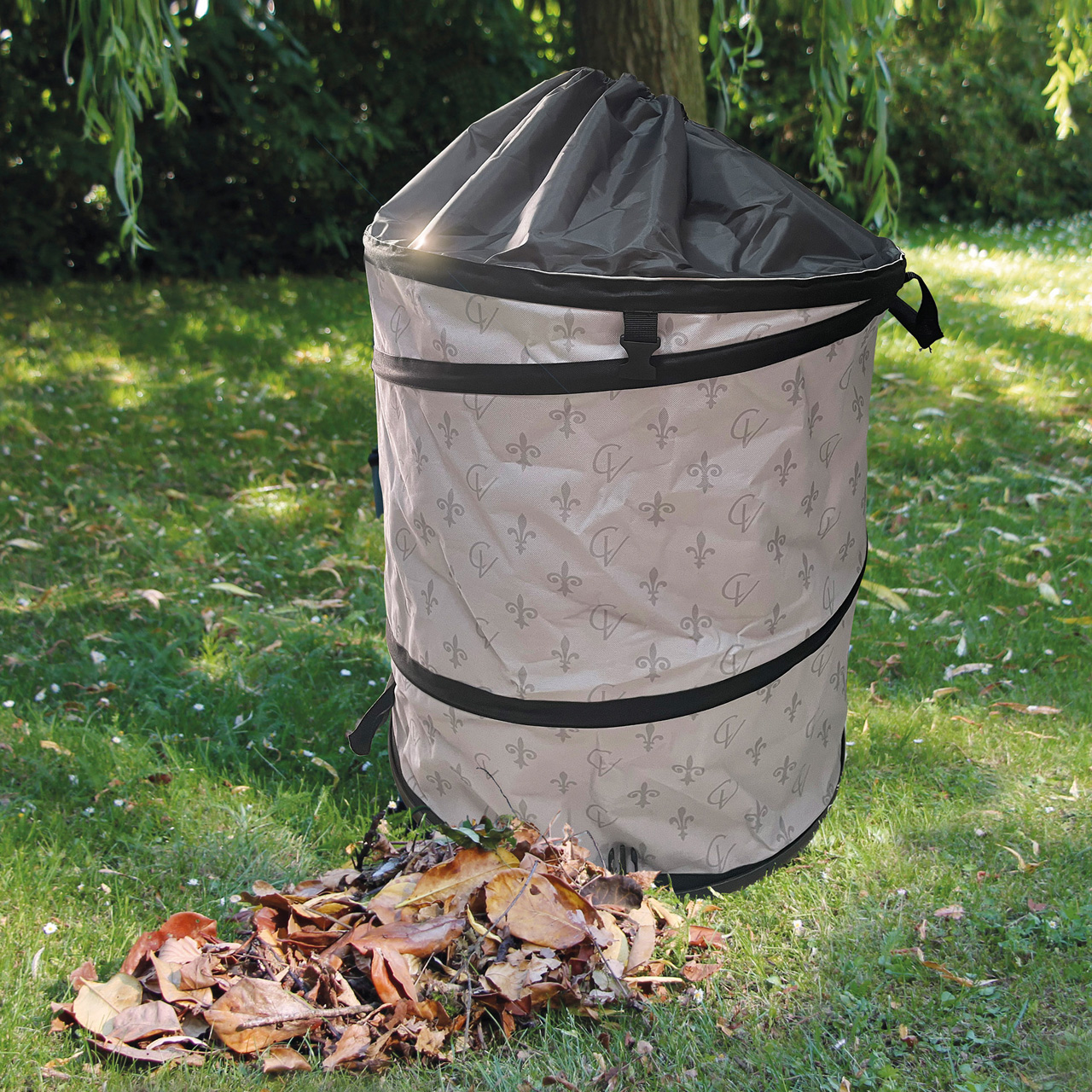 Gartenabfall POP UP-Sack, H:86cm, Lilie grau Bodenplatte & Verschluss, selbststehend